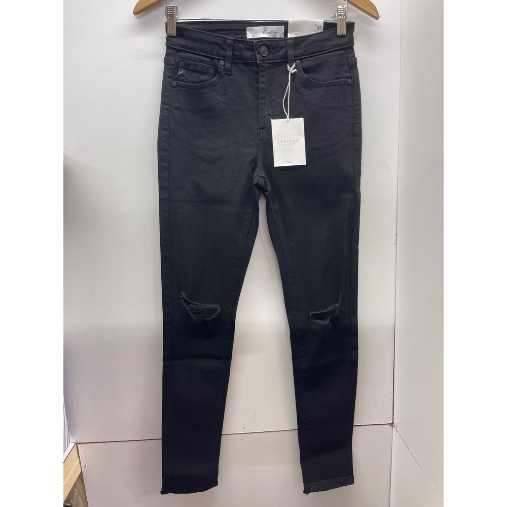 KanCan Black High Rise Super Skinny Distressed Jeans Size 5/26 Raw Hem NWT